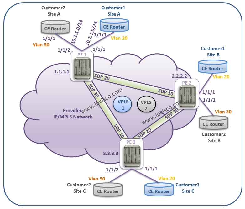 Alcatel-Lucent, VPLS Example Topology Alcatel-Lucent, VPLS Example Topology